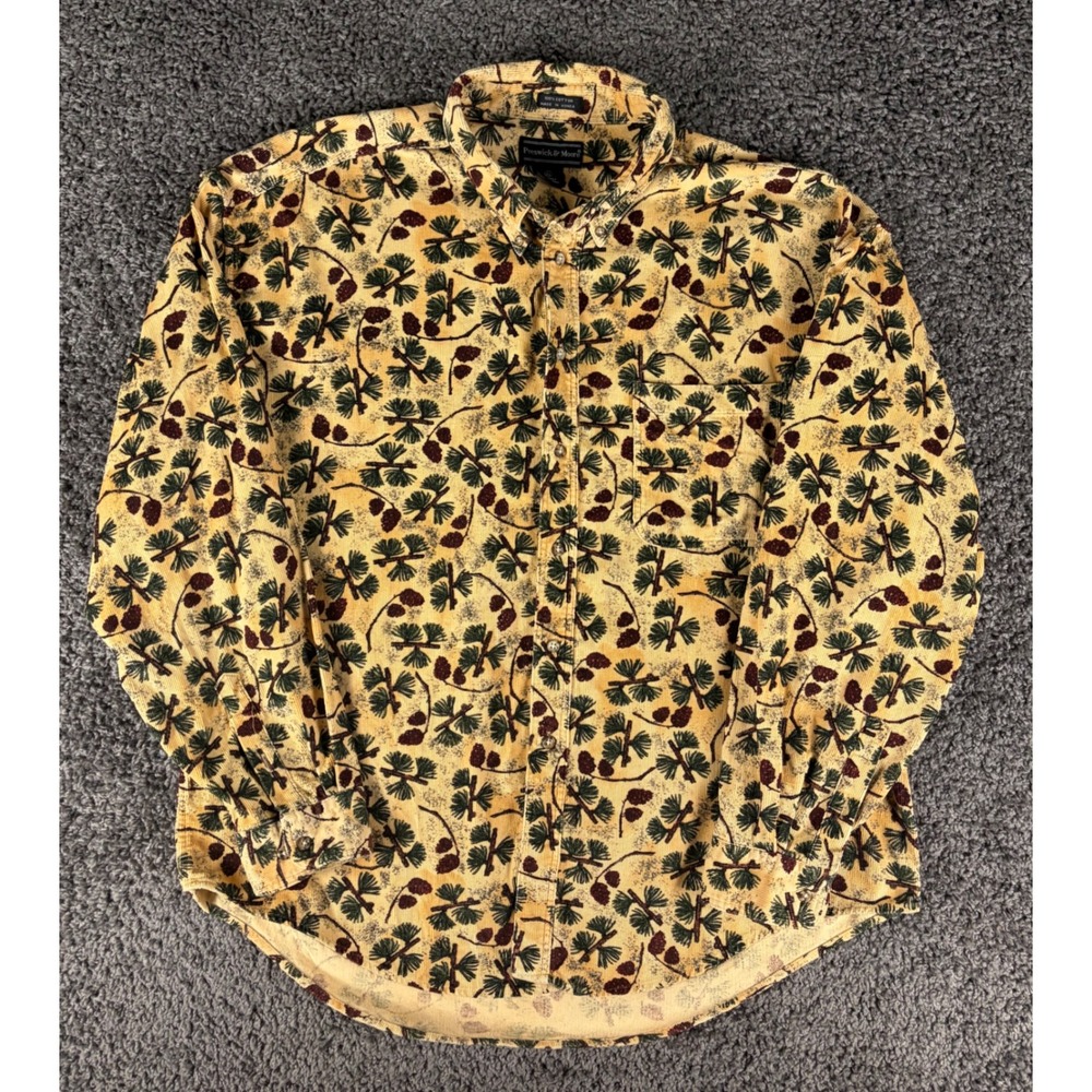 Preswick & Moore Mens XL Corduroy Shirt Pinecone Print Cotton Button Down Tan